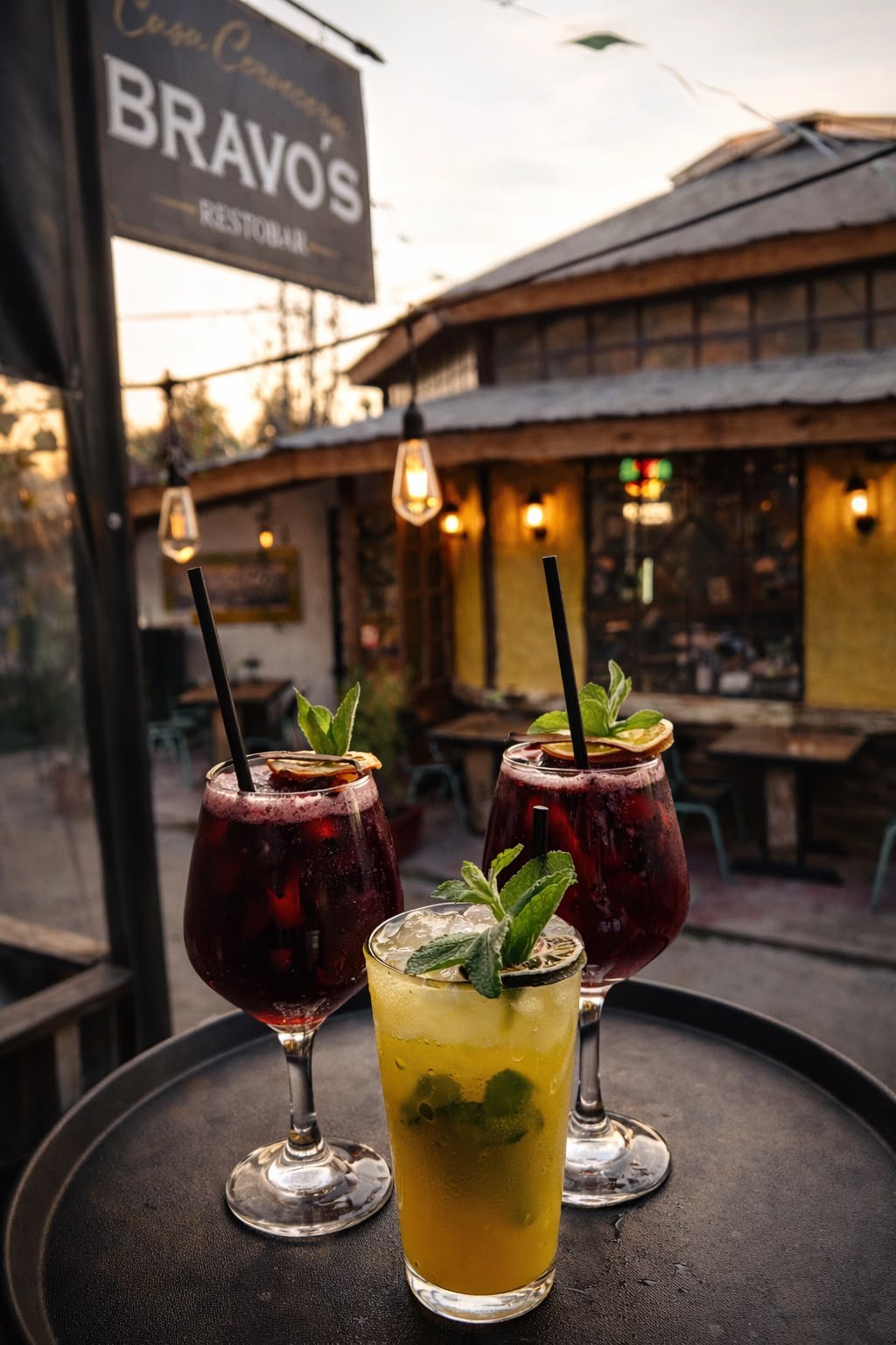 Letrero de Bravo's Restobar sobre la terraza al atardecer, con cócteles en primer plano