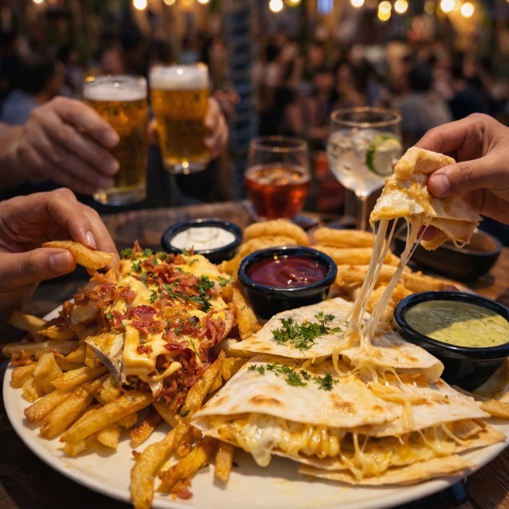 Quesadilla con hilo de queso y papas cargadas en Bravo's Restobar